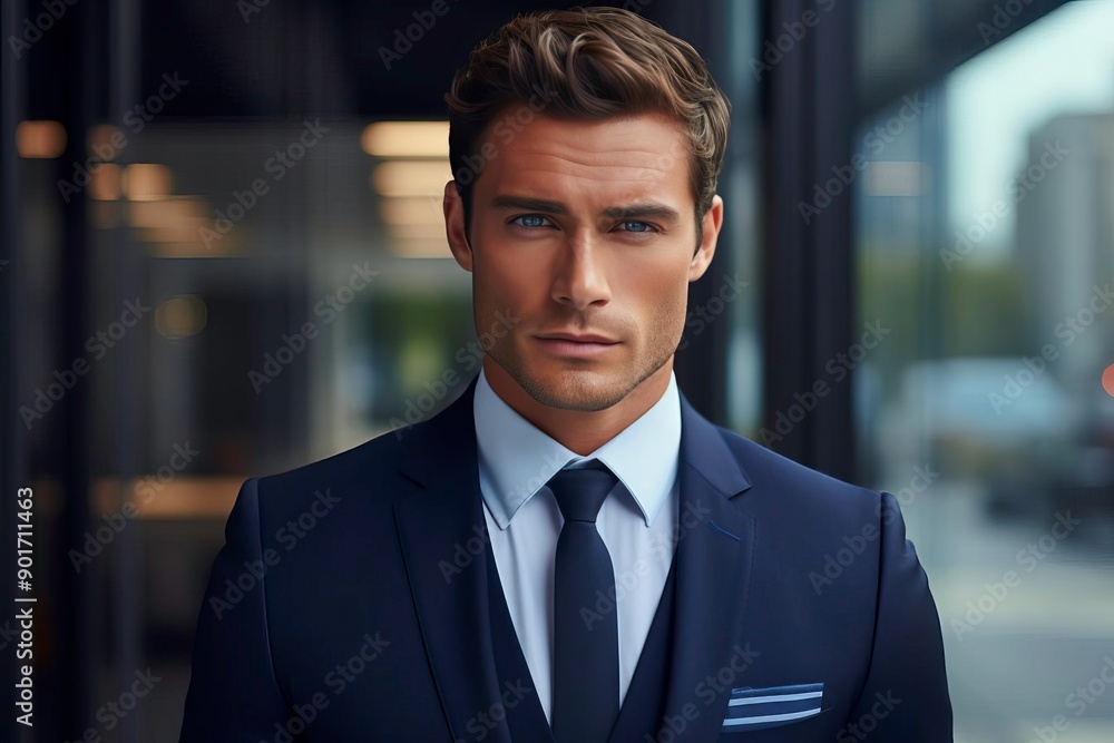 A confident businessman in a tailored suit, exuding professionalism and elegance in an urban setting.