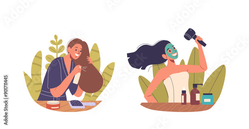 Two Cartoon Girls Characters Performing Beauty Routines At Home. Vector Scene Promotes Self-care And Wellness