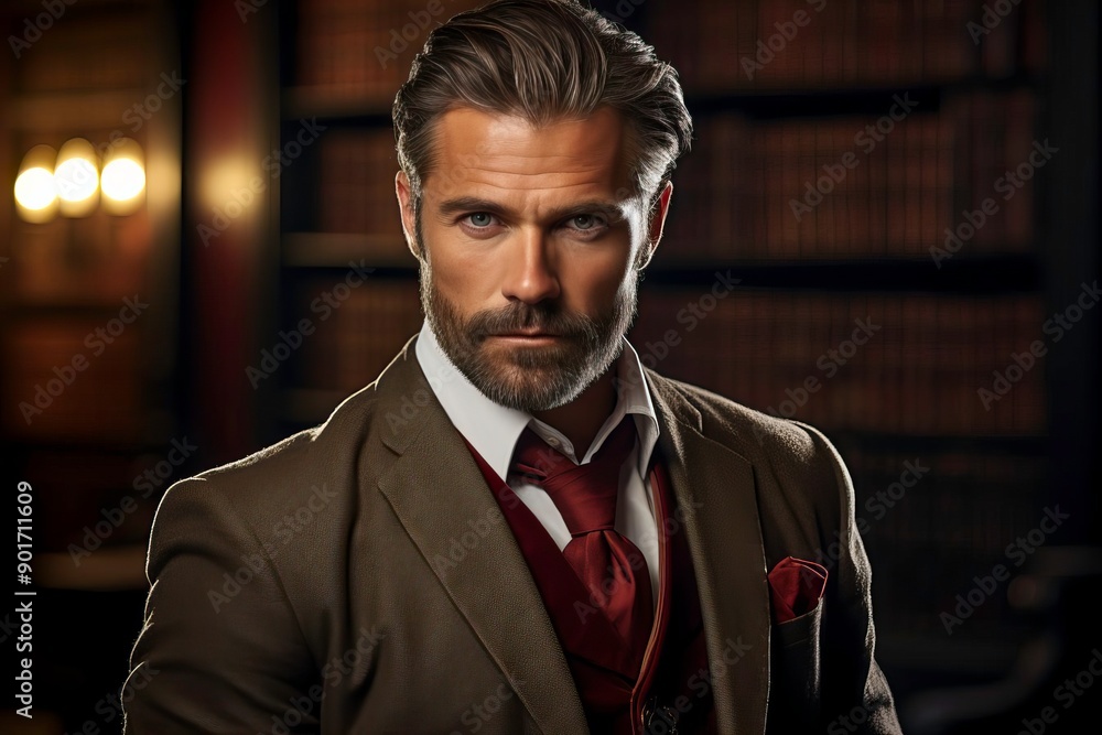 A confident man in a stylish suit, exuding charisma and sophistication in a vintage library setting.