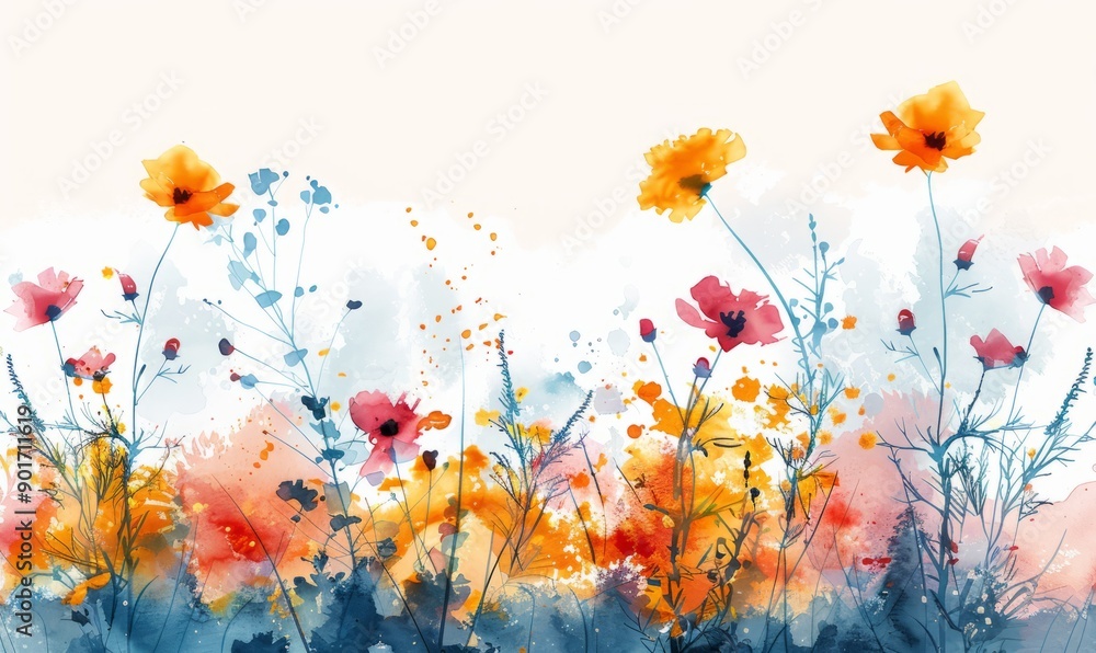 A watercolor painting of a field of flowers with a blue sky in the background A watercolor painting of a field of flowers with a blue sky in the background