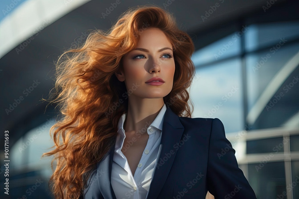 Fototapeta premium A confident woman in a business suit stands against a modern architecture background, showcasing elegance and strength.