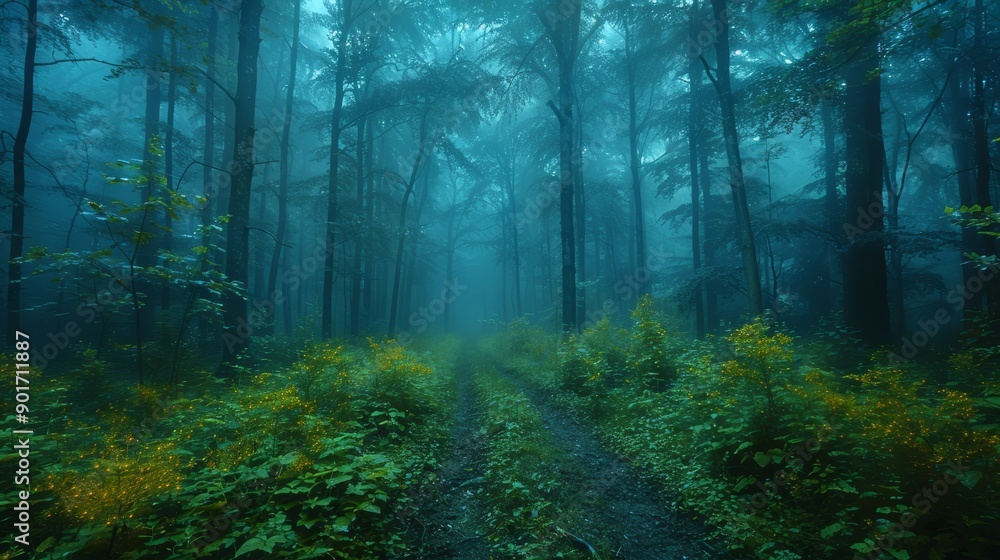Obraz premium Misty Forest Path Surrounded by Lush Greenery and Vibrant Wildflowers at Dawn. Generative AI