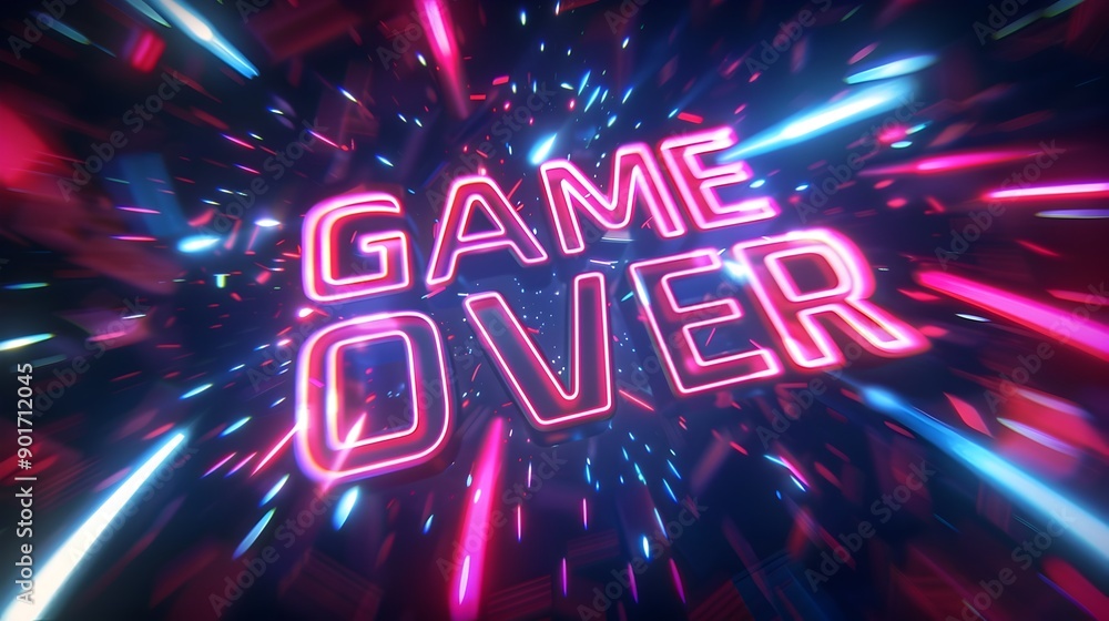 Glitched Neon Game Over Title Inscription on Dark Background with Blurred Motion Particles Glitched Neon Game Over Title Inscription on Dark Background with Blurred Motion Particles
