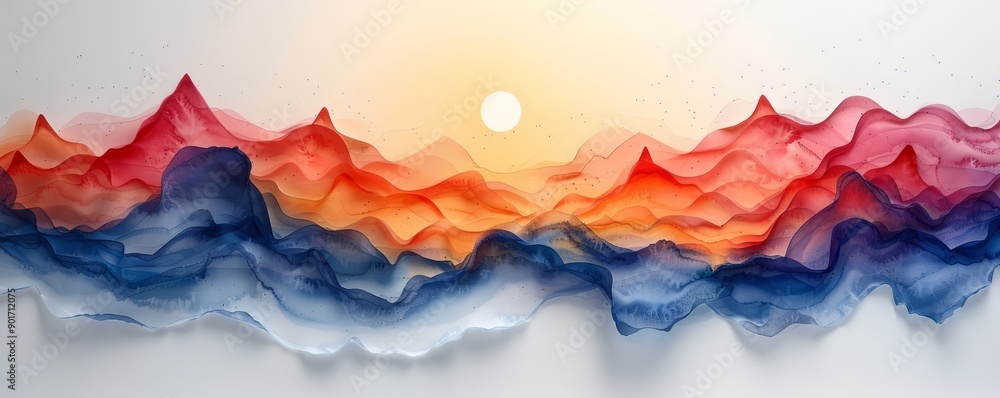A painting of mountains and a sun with a blue and red sky A painting of mountains and a sun with a blue and red sky
