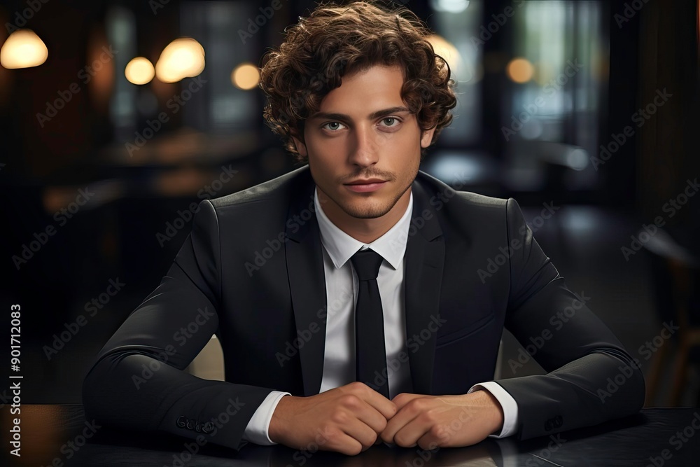A confident young man in a tailored suit, sitting at a dark table with a sophisticated ambiance, exuding elegance and charm. A confident young man in a tailored suit, sitting at a dark table with a sophisticated ambiance, exuding elegance and charm.