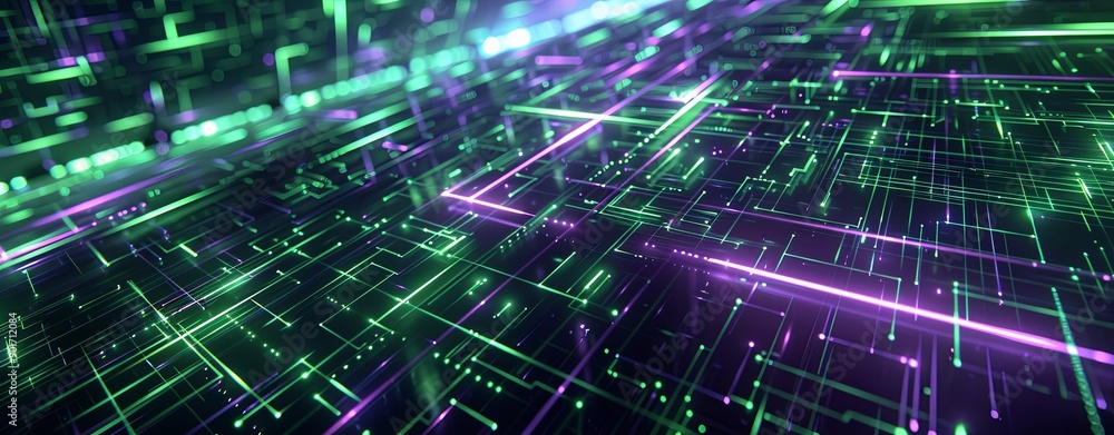 A computer generated image of a cityscape with green and purple lines A computer generated image of a cityscape with green and purple lines