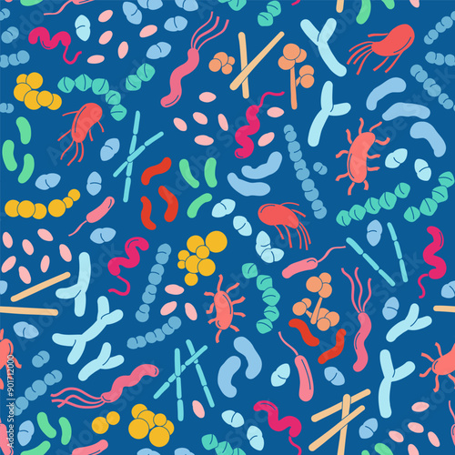 Vibrant vector illustration of various microorganisms, including beneficial bacteria and probiotics.