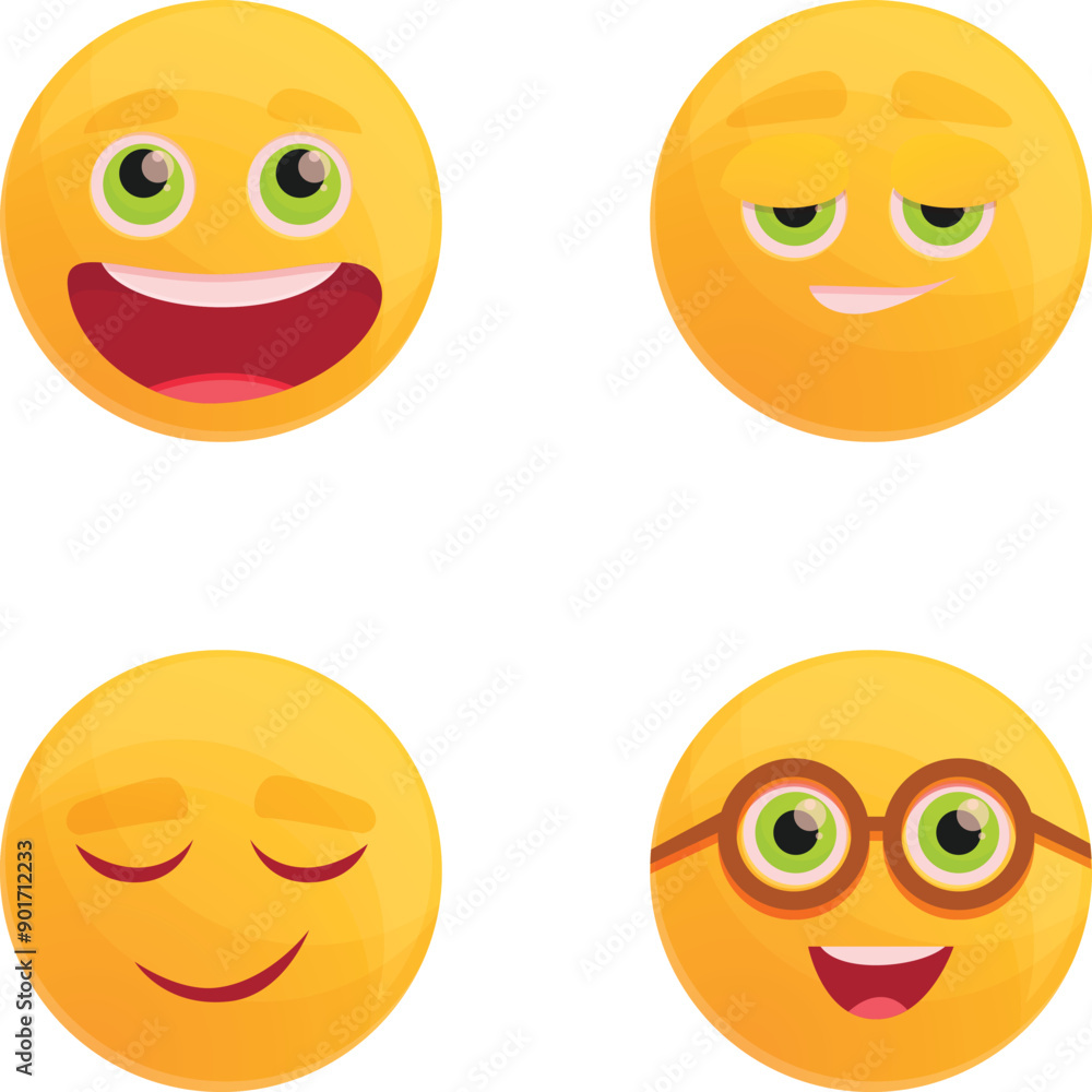 Facial expression icons set cartoon vector. Smiley with different emotion face. Chat communication element Facial expression icons set cartoon vector. Smiley with different emotion face. Chat communication element