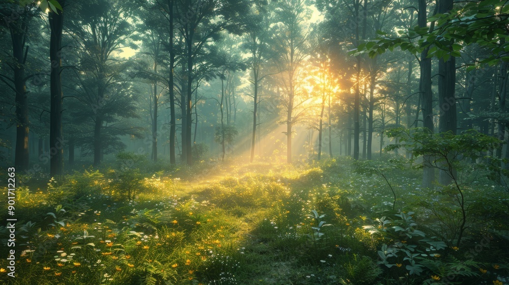 Fototapeta premium Morning Sunlight Filtering Through Dense Forest Creation of Magical Atmosphere in Early Spring. Generative AI
