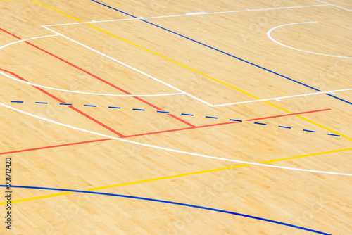 Wooden floor basketball, badminton, futsal, handball, volleyball, football, soccer court. Wooden floor of sports hall with marking lines on wooden floor indoor, gym court