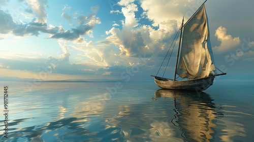 1st century Jewish fishing boat in calm sea, morning light, scattered rain clouds, reflections on water and torn sails, soft morning light photo