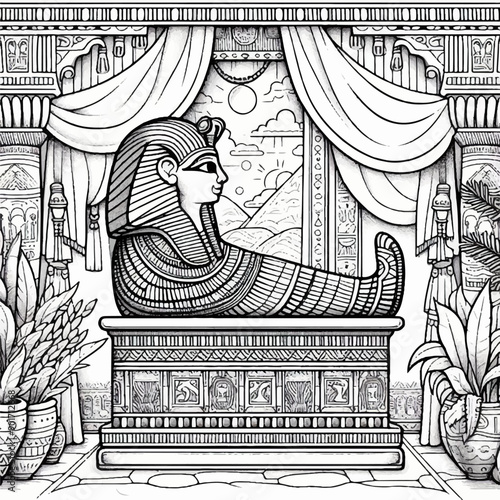 mummy of a pharaoh in a sarcophagus Egyptian culture style coloring page for kids