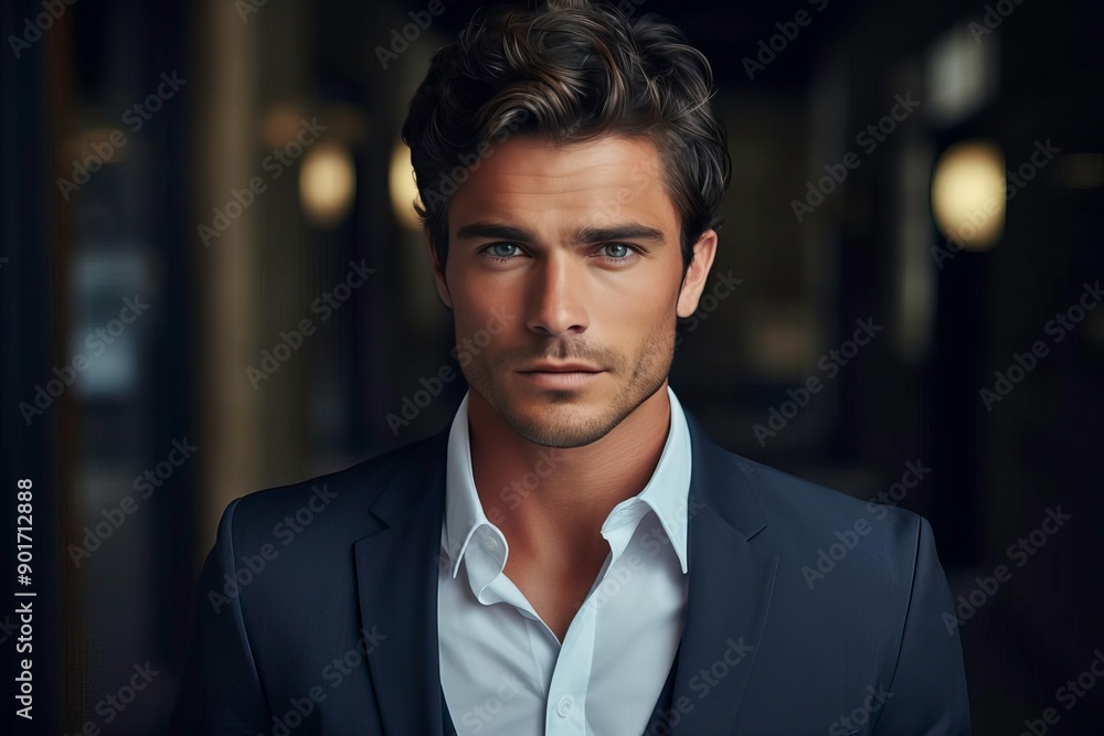 A stylish man in a formal suit exudes confidence and charisma against a dimly lit backdrop, ideal for fashion or lifestyle themes. A stylish man in a formal suit exudes confidence and charisma against a dimly lit backdrop, ideal for fashion or lifestyle themes.