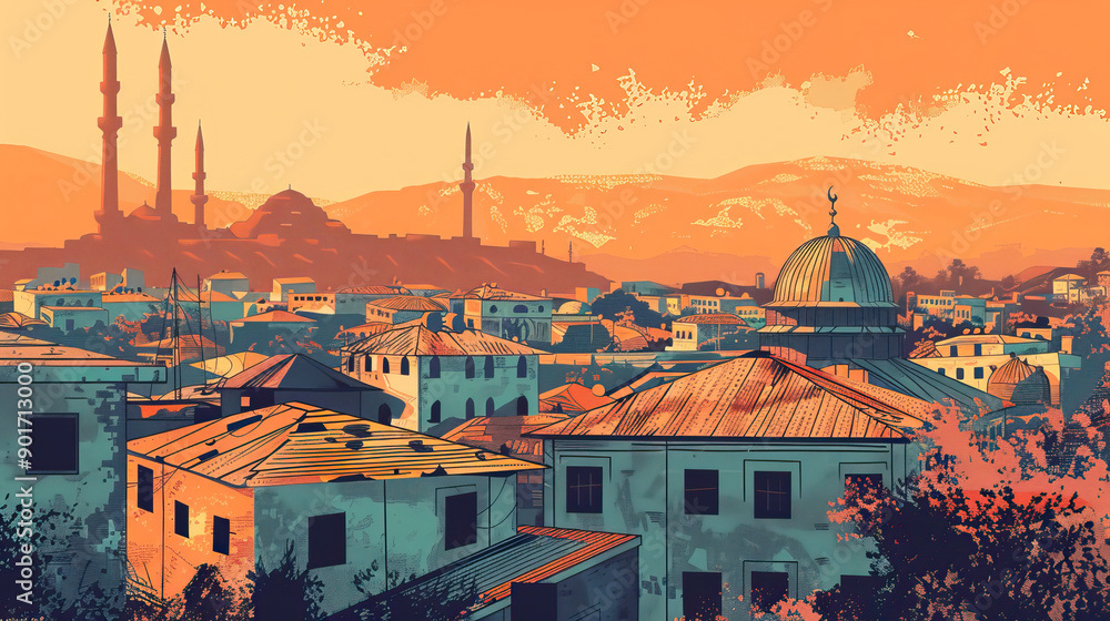 Fototapeta premium Risograph artsy riso print travel poster, card, wallpaper or banner illustration, modern, isolated, clear, simple of Suleimaniyah, Iraq. Artistic, screen printing, stencil