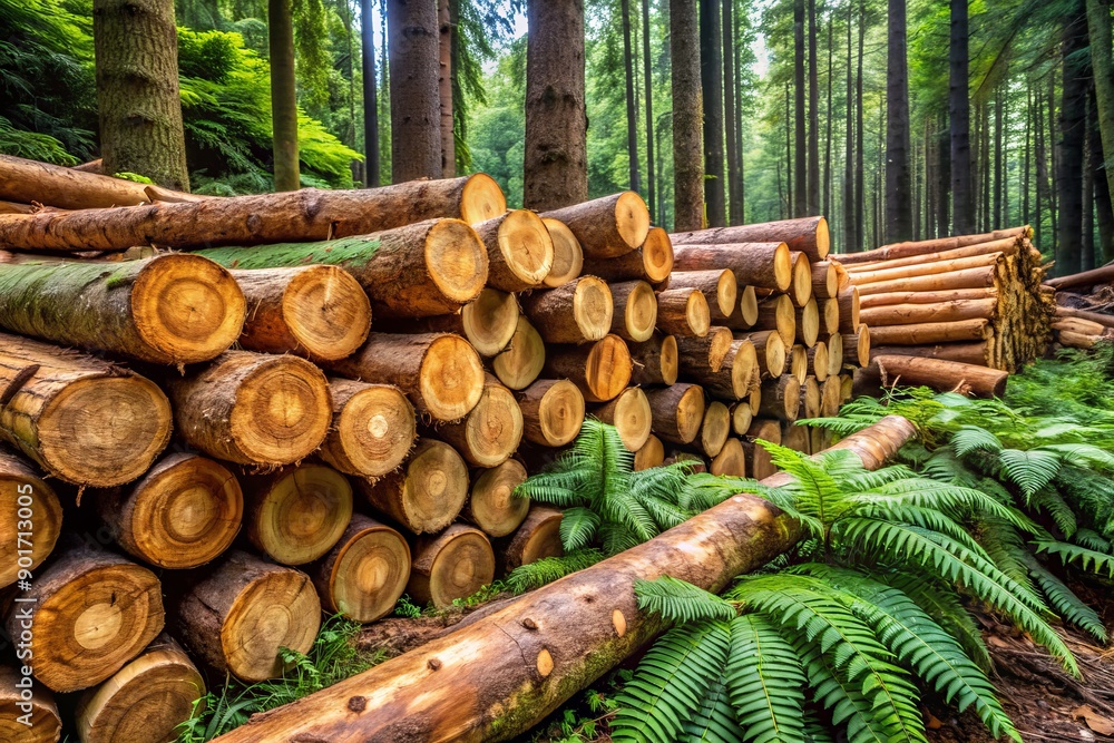 Stacked rows of freshly cut tree trunks, varying in diameter and length, rest on the forest floor, surrounded by ferns and scattered leaves. Stacked rows of freshly cut tree trunks, varying in diameter and length, rest on the forest floor, surrounded by ferns and scattered leaves.