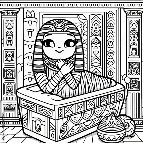 cute mummy in a sarcophagus Egyptian culture style coloring page for kids