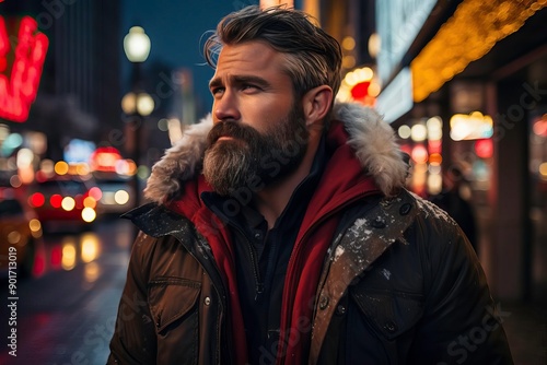 A stylish man with a beard stands on a city street at night, illuminated by bright lights, capturing a moment of urban life.