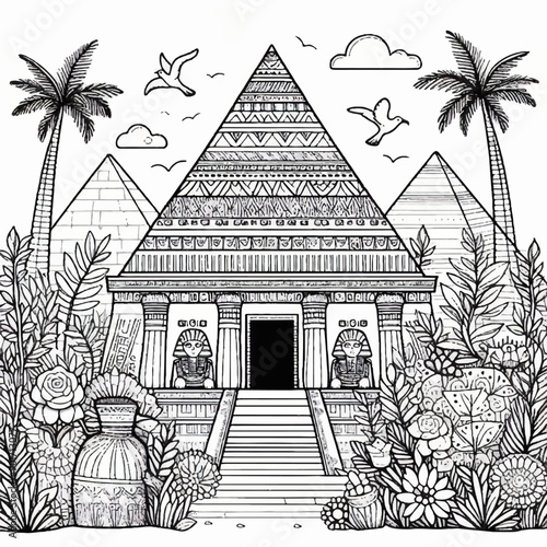 Ancient Egyptian tomb with sphinxes at the entrance Egyptian culture style coloring page 