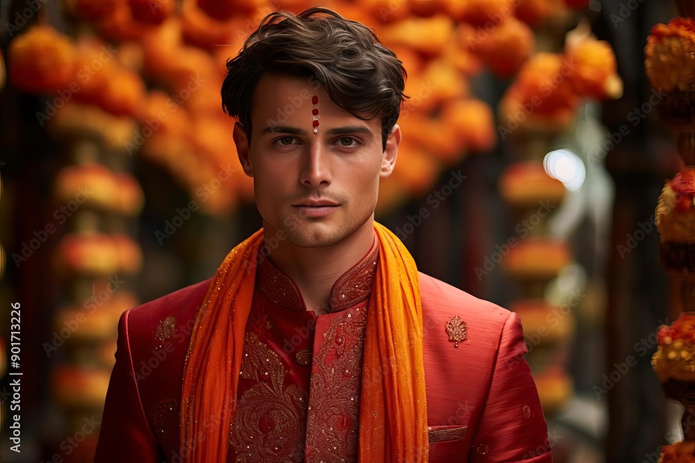 Fototapeta premium A young man dressed in traditional attire, showcasing vibrant culture amidst a festive backdrop of decorations and flowers.