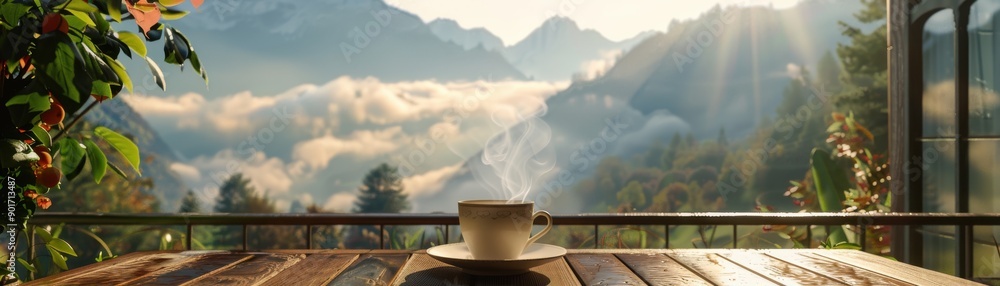 A 3D illustration of a cozy balcony with a small table, a steaming cup of coffee, and a view of a misty mountain range in the morning A 3D illustration of a cozy balcony with a small table, a steaming cup of coffee, and a view of a misty mountain range in the morning