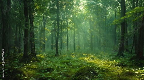 Sunlight Filters Through Dense Green Trees in Serene Forest During Early Morning Hours. Generative AI