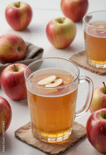 Minimal photorealistic of Apple Cider , vivid colors, flat white background, no shadows