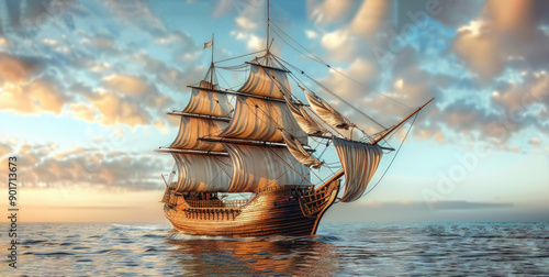 A ancient junk ship carrying goods in the middle of a calm sea and clear sky. The sun sets in the evening.
