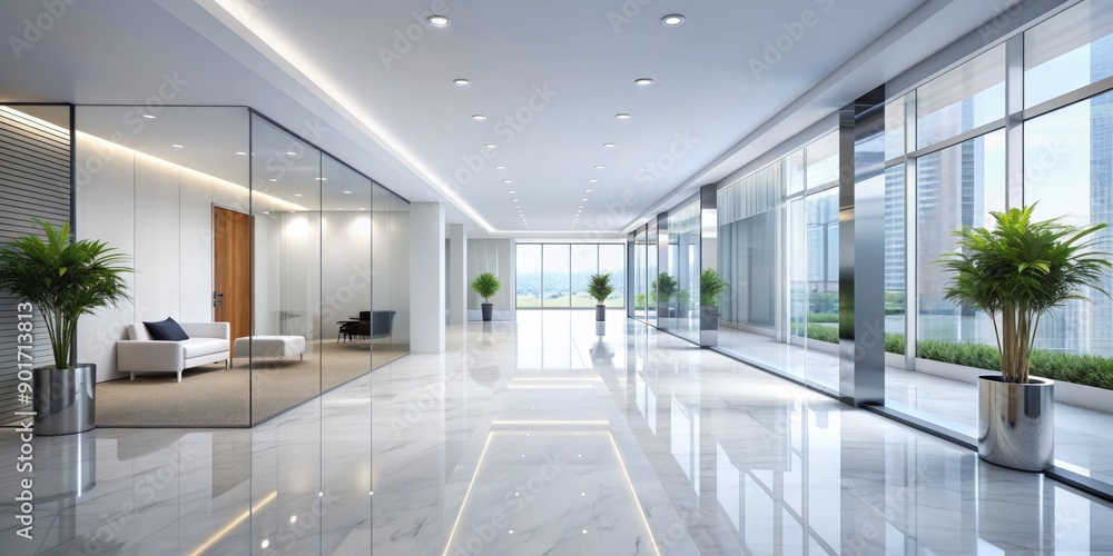 Modern luxury white room space with blurry corridor and building glass wall window fills the frame of a sleek hotel or office building's reception hall interior. Modern luxury white room space with blurry corridor and building glass wall window fills the frame of a sleek hotel or office building's reception hall interior.