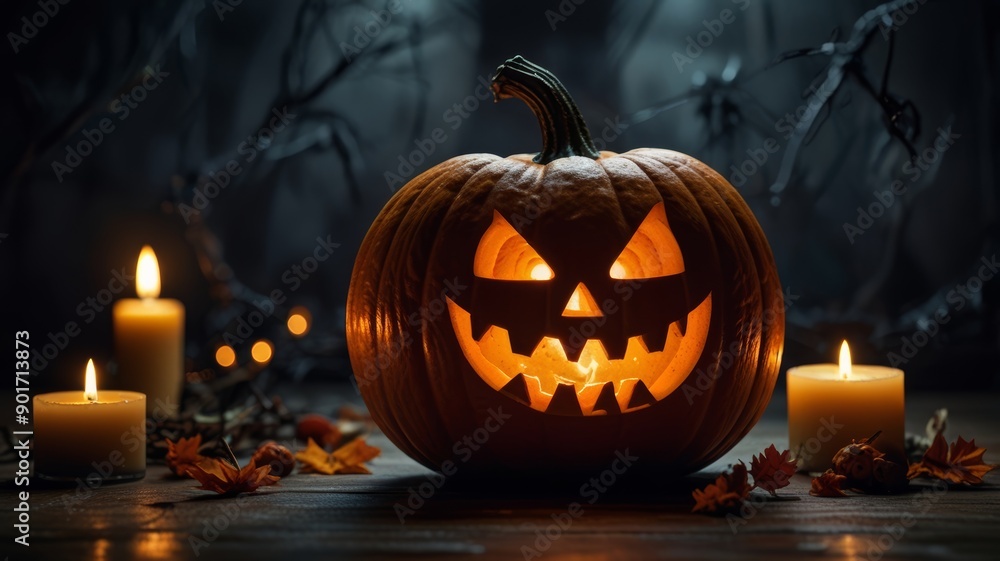 A spooky Halloween setting featuring a glowing Jack-o'-lantern with a candle inside, The festive atmosphere A spooky Halloween setting featuring a glowing Jack-o'-lantern with a candle inside, The festive atmosphere