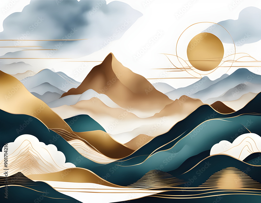 Elegant abstract line art on white background. Luxury hand drawn mountain with golden texture and gold wavy line background Elegant abstract line art on white background. Luxury hand drawn mountain with golden texture and gold wavy line background