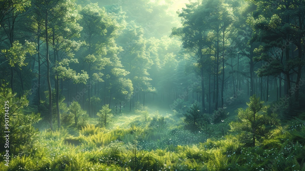 Serene Forest Landscape With Lush Greenery and Gentle Morning Light in a Tranquil Setting. Generative AI Serene Forest Landscape With Lush Greenery and Gentle Morning Light in a Tranquil Setting. Generative AI