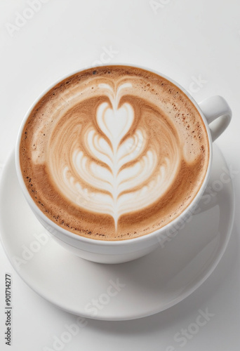 Minimal photorealistic of Cappuccino , vivid colors, flat white background, no shadows