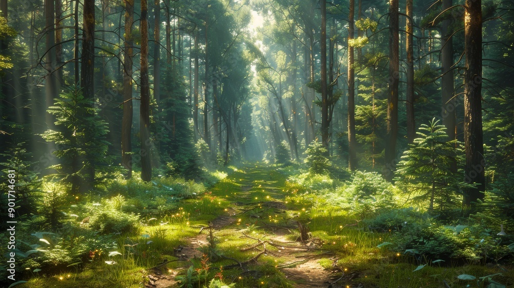 Obraz premium Lush Green Forest Pathway Illuminated By Sunlight During Early Morning Hours. Generative AI