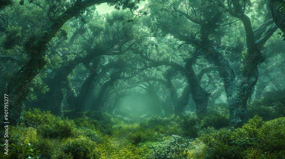 Dense Forest Filled With Lush Vegetation Under Soft Morning Light Surrounded By Towering Trees Nature Trail. Generative AI Dense Forest Filled With Lush Vegetation Under Soft Morning Light Surrounded By Towering Trees Nature Trail. Generative AI