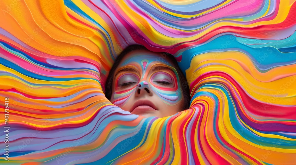 A surreal concept. A woman's face peeking out of the hole against the background of bright colors of the rainbow.
A surreal concept. A woman's face peeking out of the hole against the background of bright colors of the rainbow.