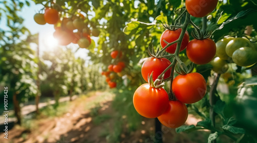 Natural tomato greenhouse. Beautiful red ripe and green tomatoes grown in a greenhouse