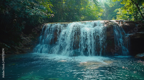 A quiet waterfall in the middle of a forest, flowing fast, beautiful, peaceful.