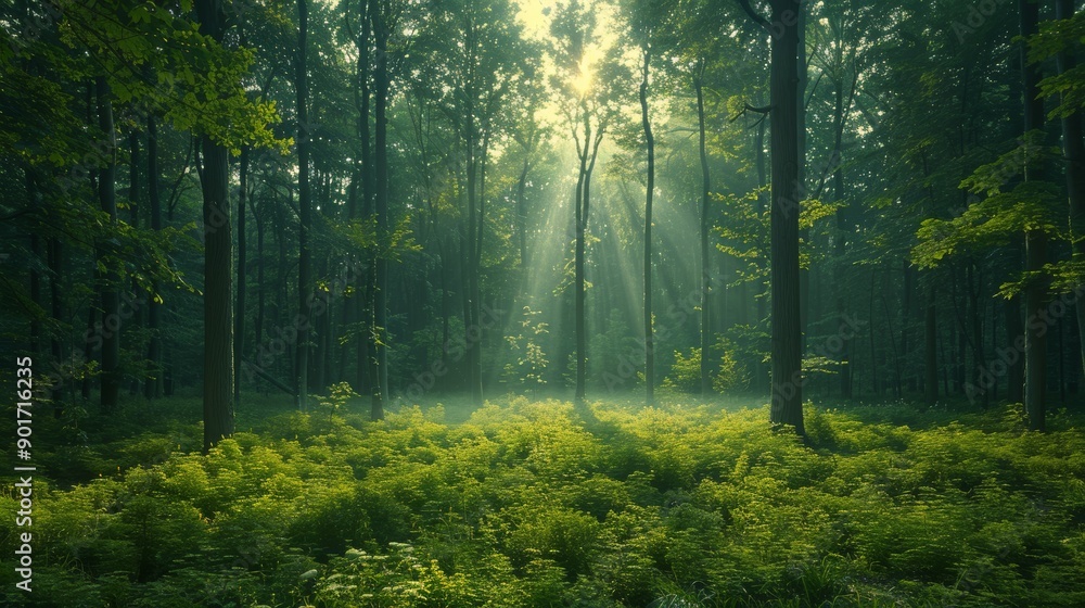 Obraz premium Sunlight Filtering Through Trees in a Lush Green Forest During Early Morning Hours. Generative AI