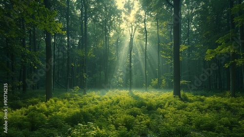 Sunlight Filtering Through Trees in a Lush Green Forest During Early Morning Hours. Generative AI