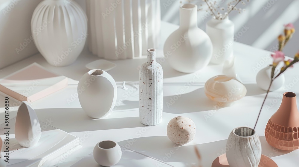 Fototapeta premium Minimalist white ceramic vases in natural light