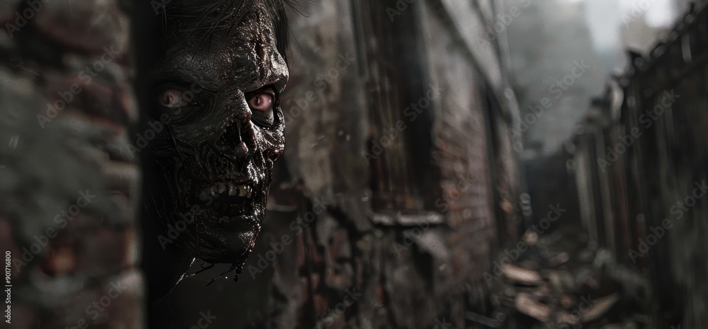 A close-up of a zombie emerging from the shadows of a dilapidated building in a ruined city A close-up of a zombie emerging from the shadows of a dilapidated building in a ruined city