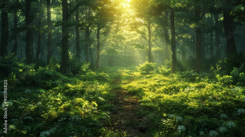 Obraz premium Sunlight Streaming Through Lush Green Trees in a Serene Forest Path at Dawn. Generative AI