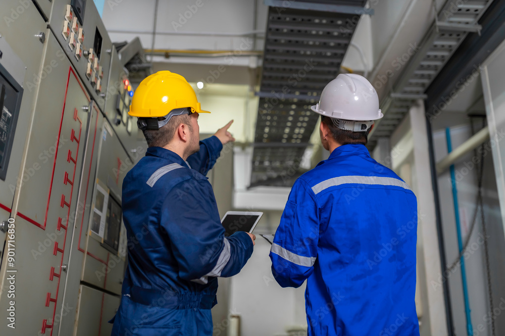 Electrical engineers and technicians work together to solve electrical system failures in industrial control rooms.supervisor maintains the circuit cabinet.