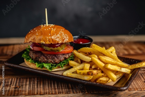 Classic Burger with Fries and Ketchup

