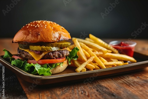 Classic Burger with Fries and Ketchup

