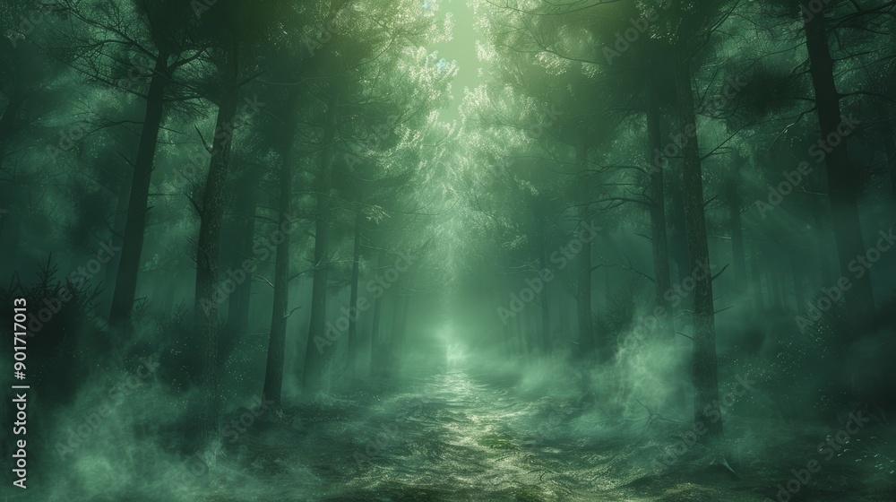 Fototapeta premium Enchanted Forest Path Illuminated by Ethereal Light During Early Morning Hours. Generative AI