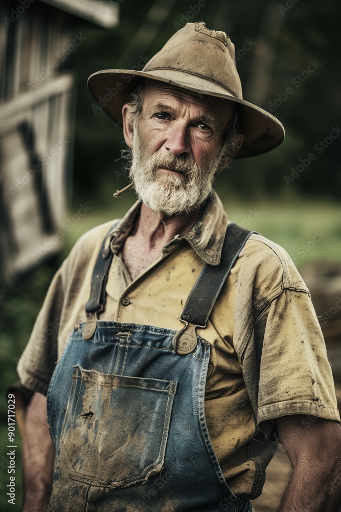 Obraz premium Elderly Farmer in Overalls and Hat