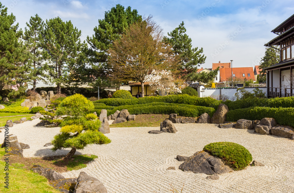 Boulders and gravel in the japanese garden of Bad Langensalza, Germany