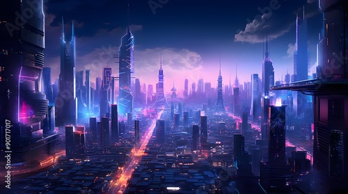 Futuristic city at night. Panoramic view of the modern city. © Iman