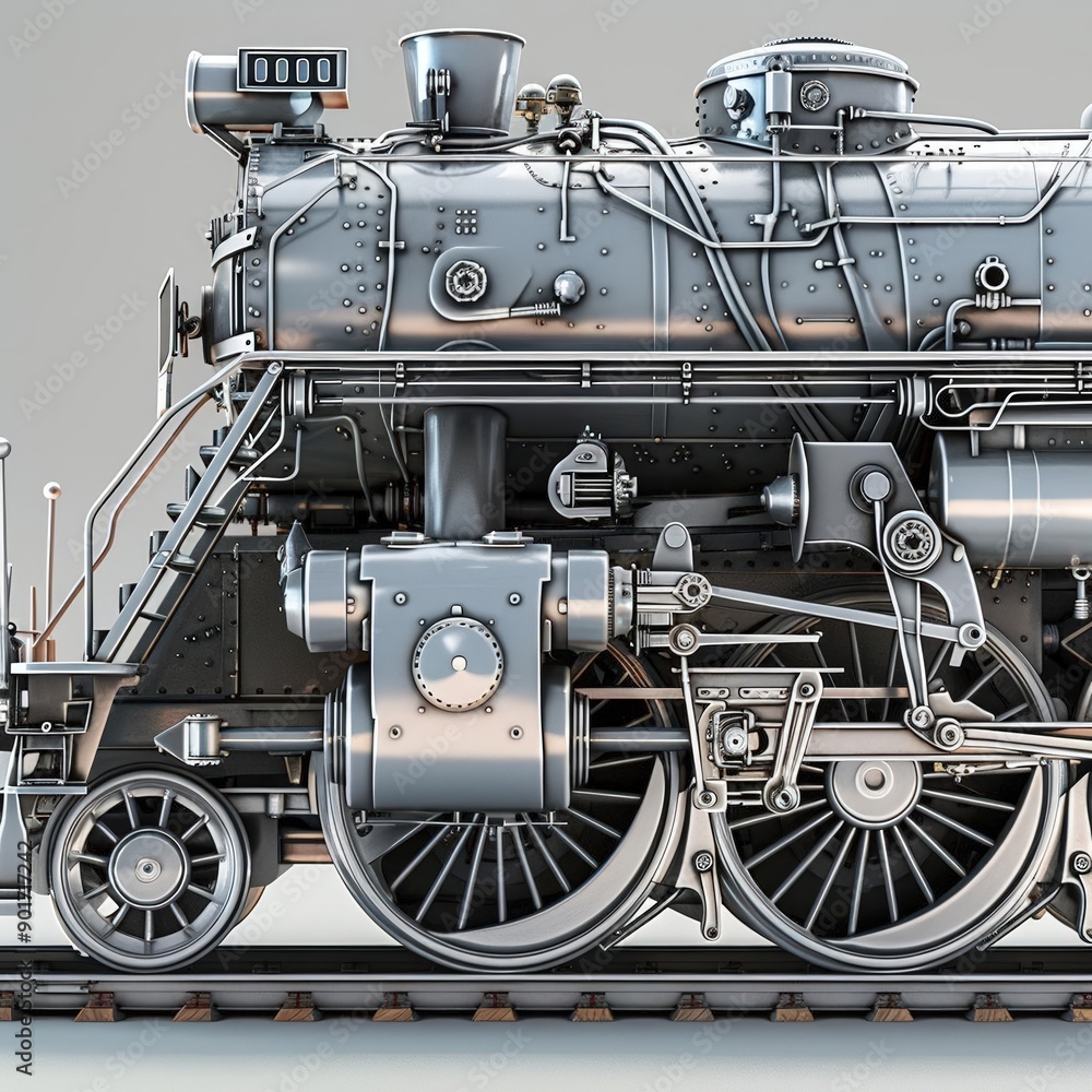 Fototapeta premium Detailed steam locomotive with textures Model illustration, Closeup, noblur